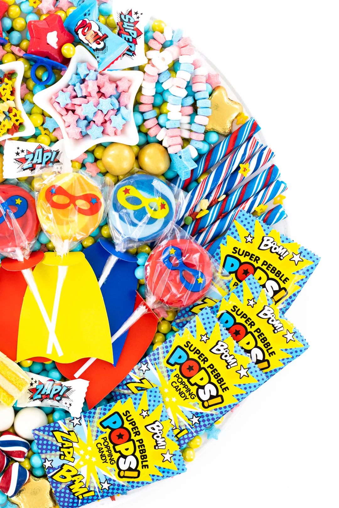 superhero lollipops with capes and superhero popping candy