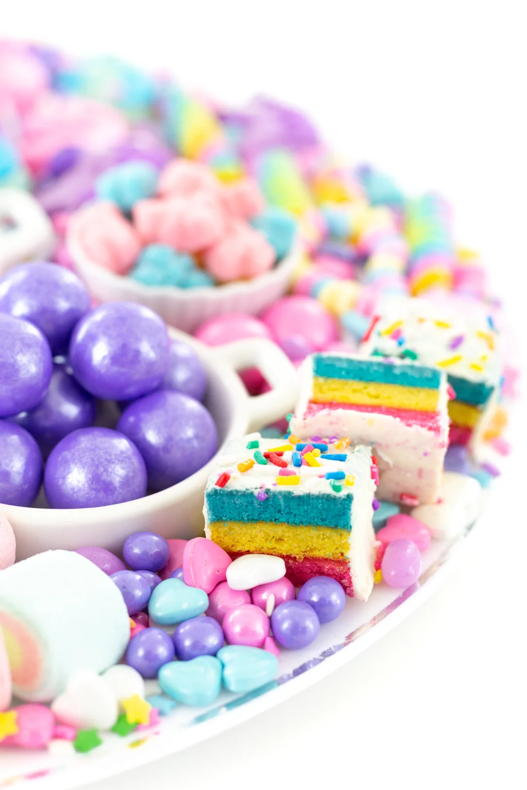 purple gumballs, pastel cake bites and patel candies