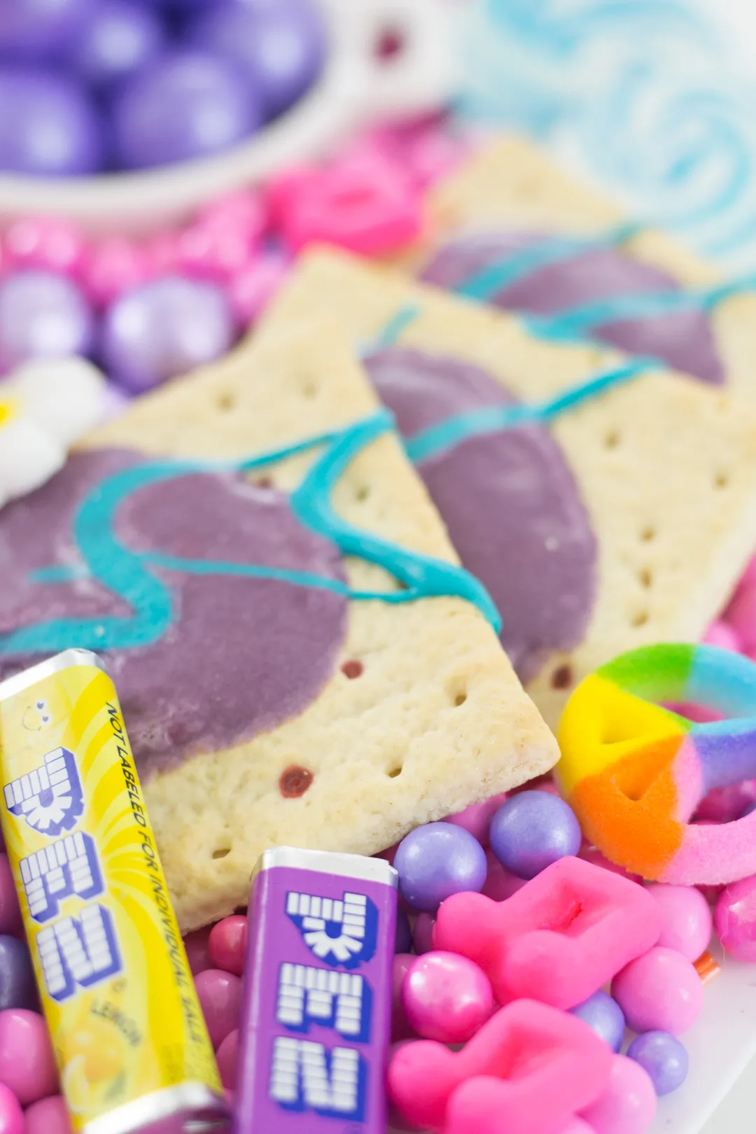 colorful pop tarts, peace sign candy, pez candy