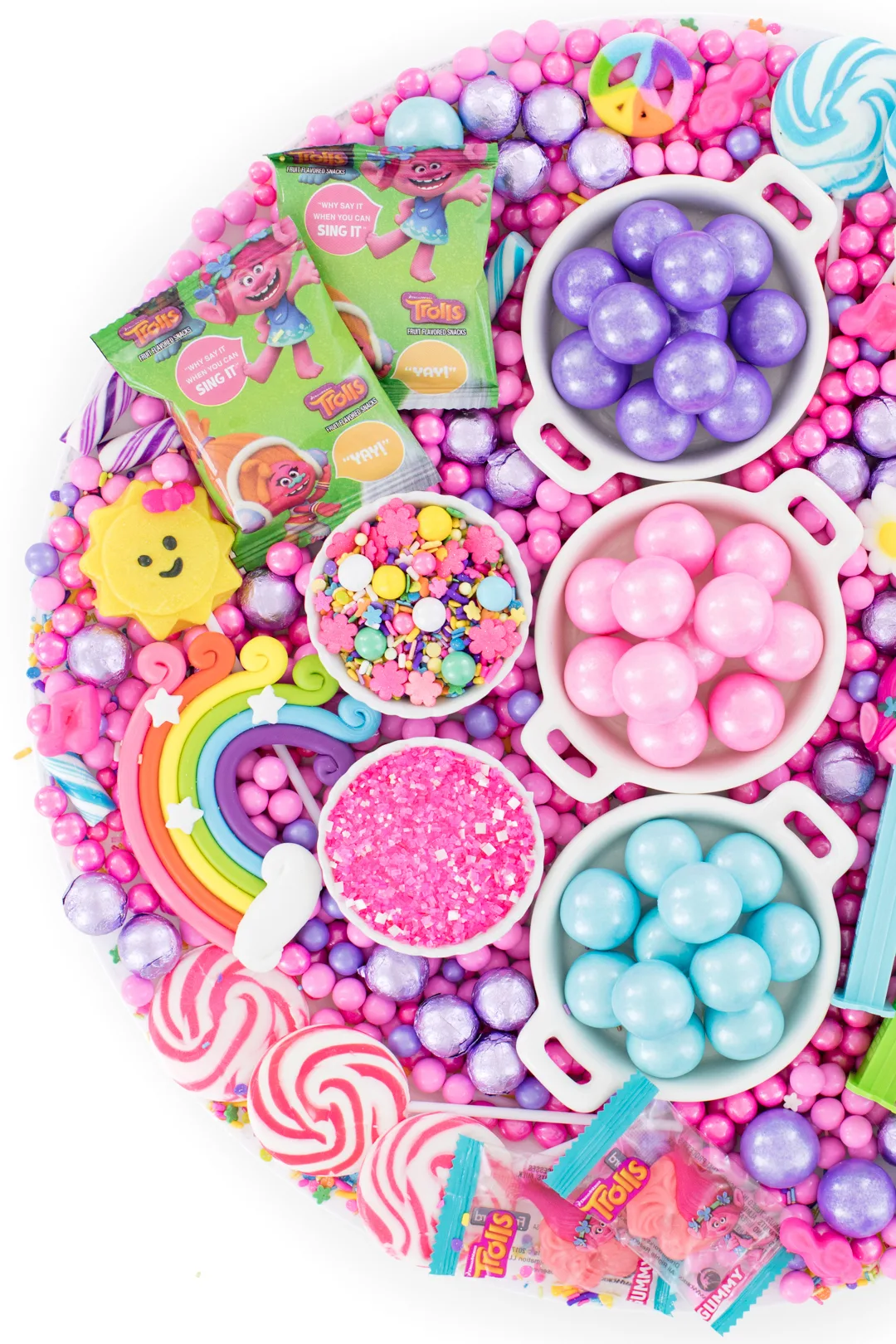 trolls party candy ideas. colorful tray of candies that match trolls characters 
