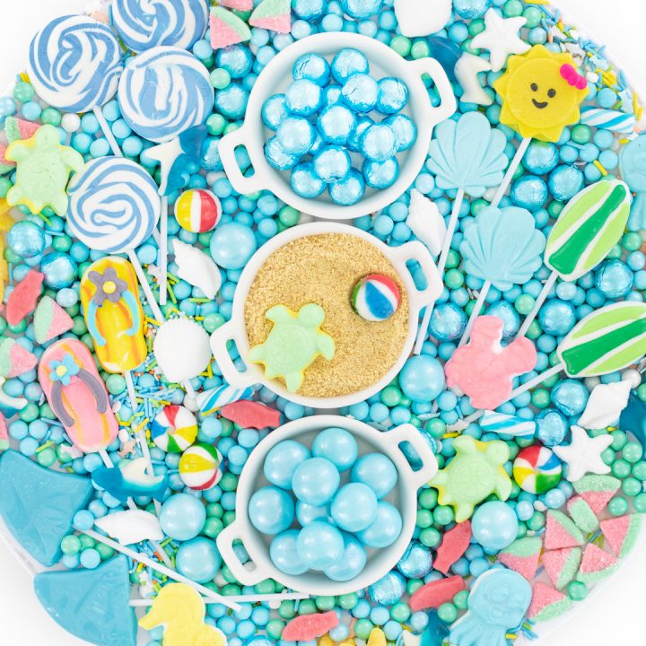 beach themed party tray filled with cool candy
