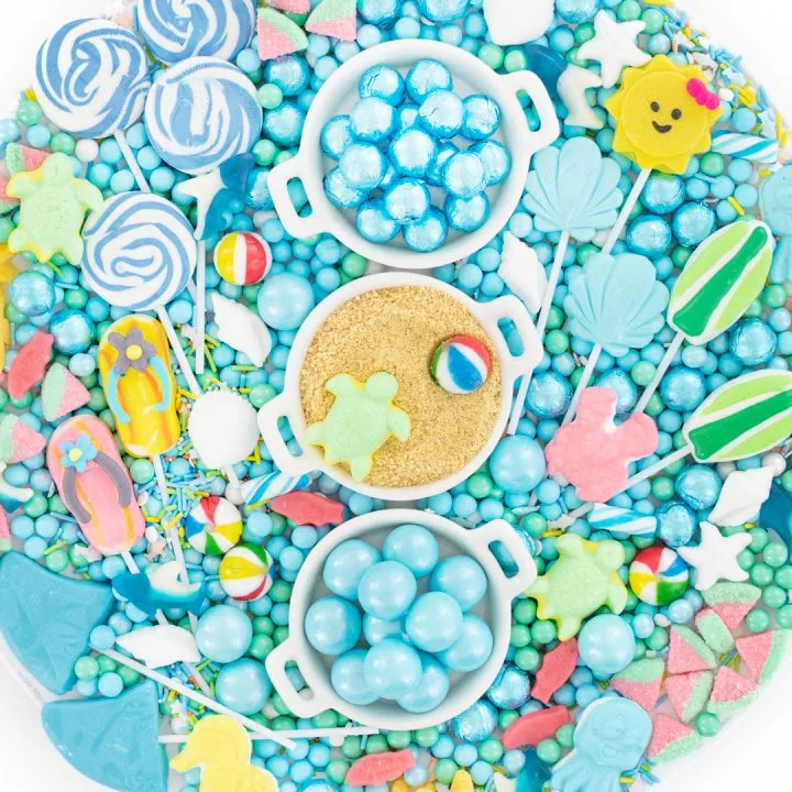 beach themed party tray filled with cool candy