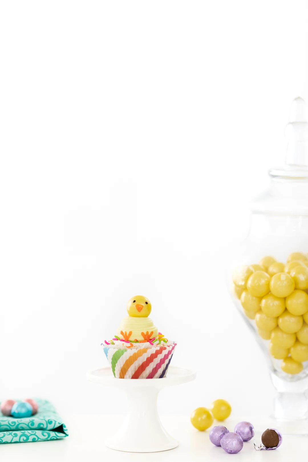 fun easter chick cupcake with gumballs and candy