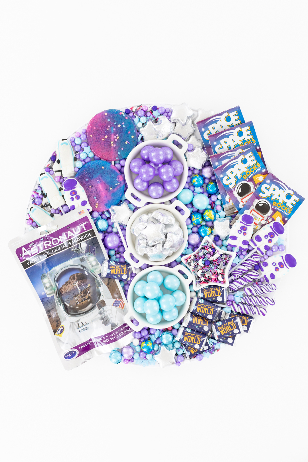 galaxy candy charcuterie board, blue, purple and silver