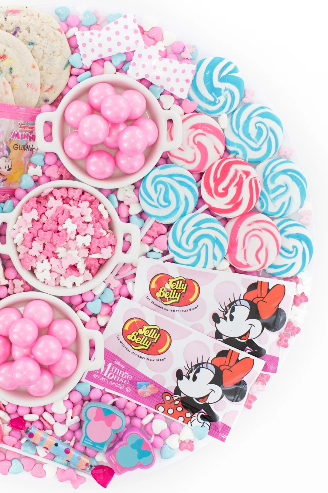 spread of pretty minnie mouse inspired candies for parties