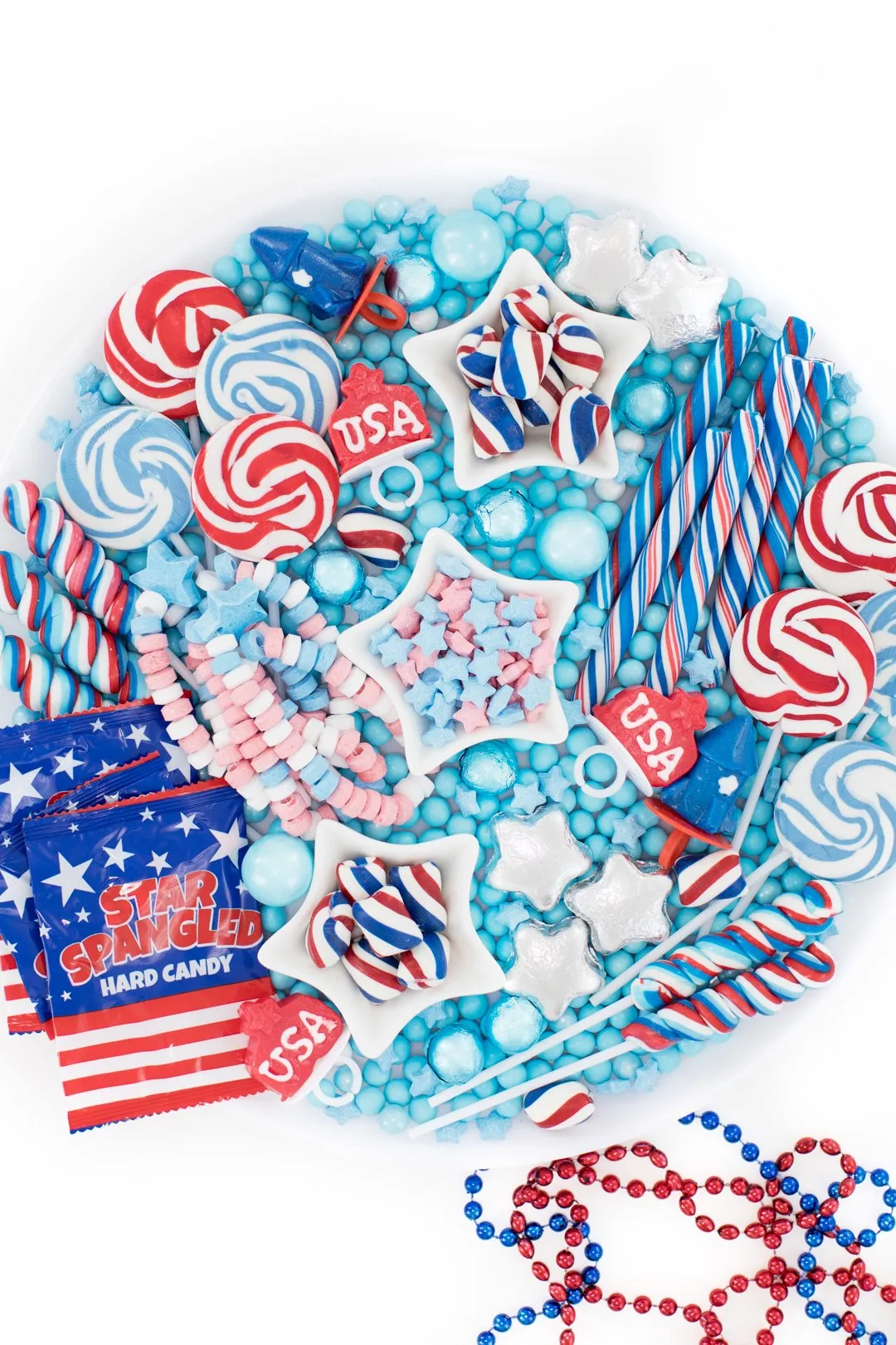 Pretty spread of patriotic candies on a tray. Perfect for parties.