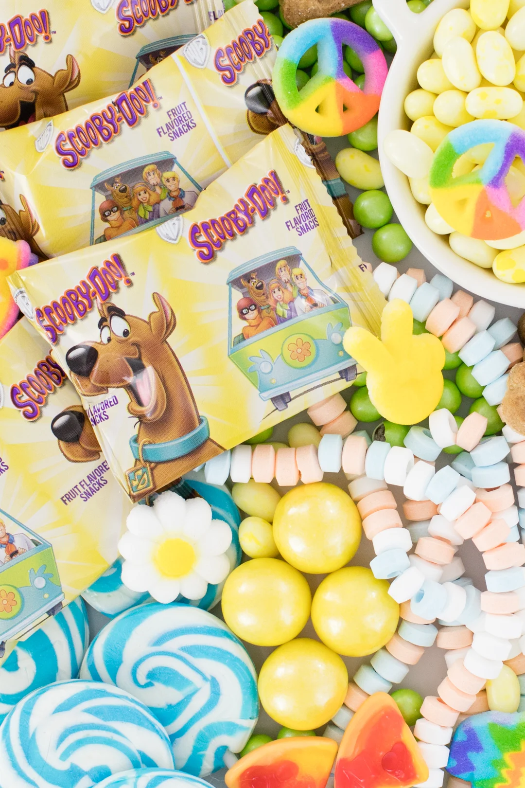Scooby Fruit Snacks Packages and peace sign candy
