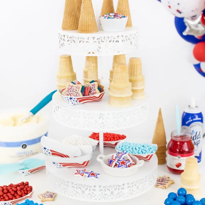 3-tiered ice cream buffet with patriotic inspired toppings