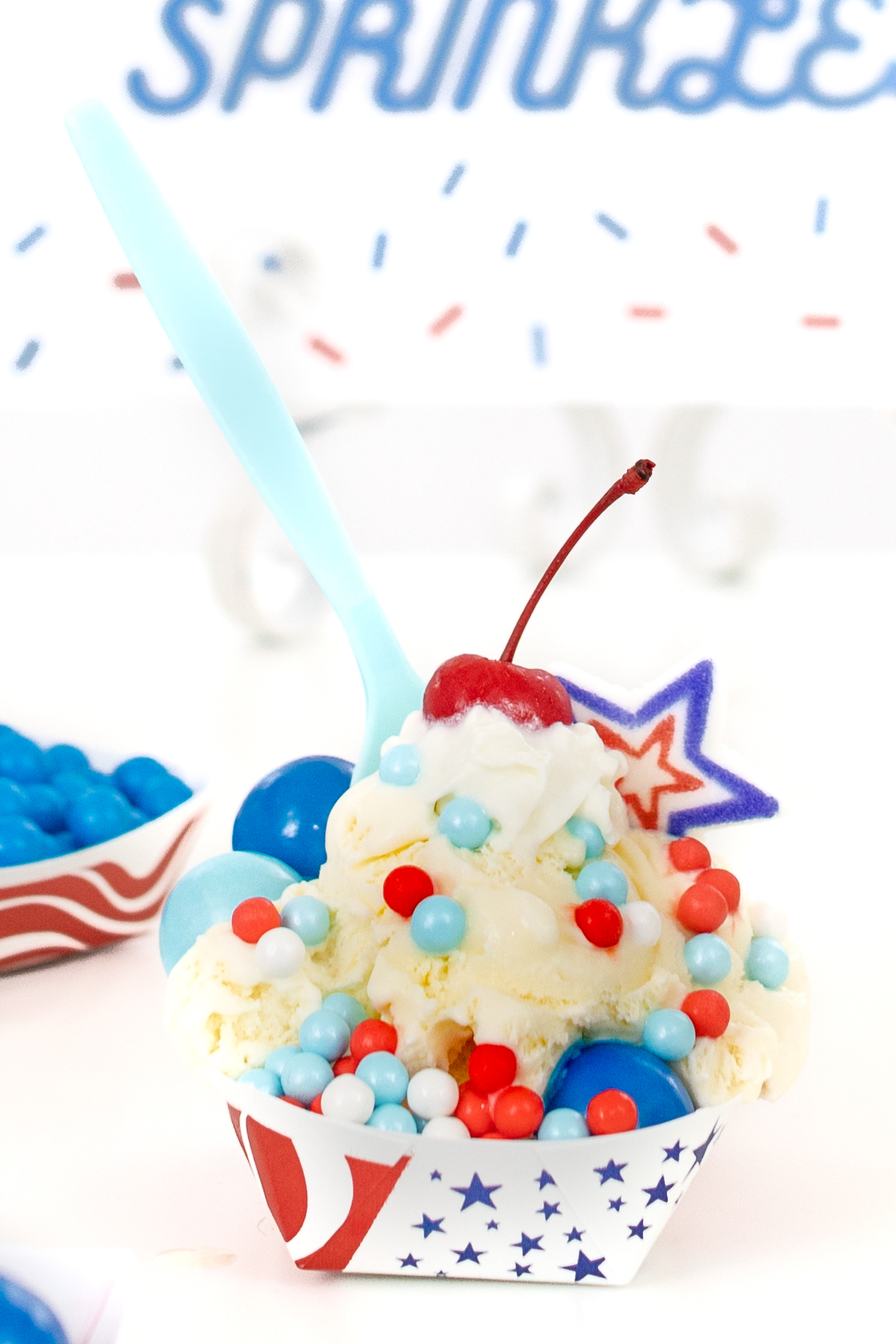 patriotic ice cream sundae with red, white and blue sprinkles