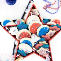 over top look at a tiered tray of patriotic themed desserts