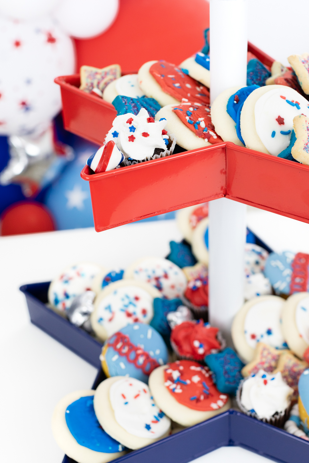 double tray of red white and blue desserts
