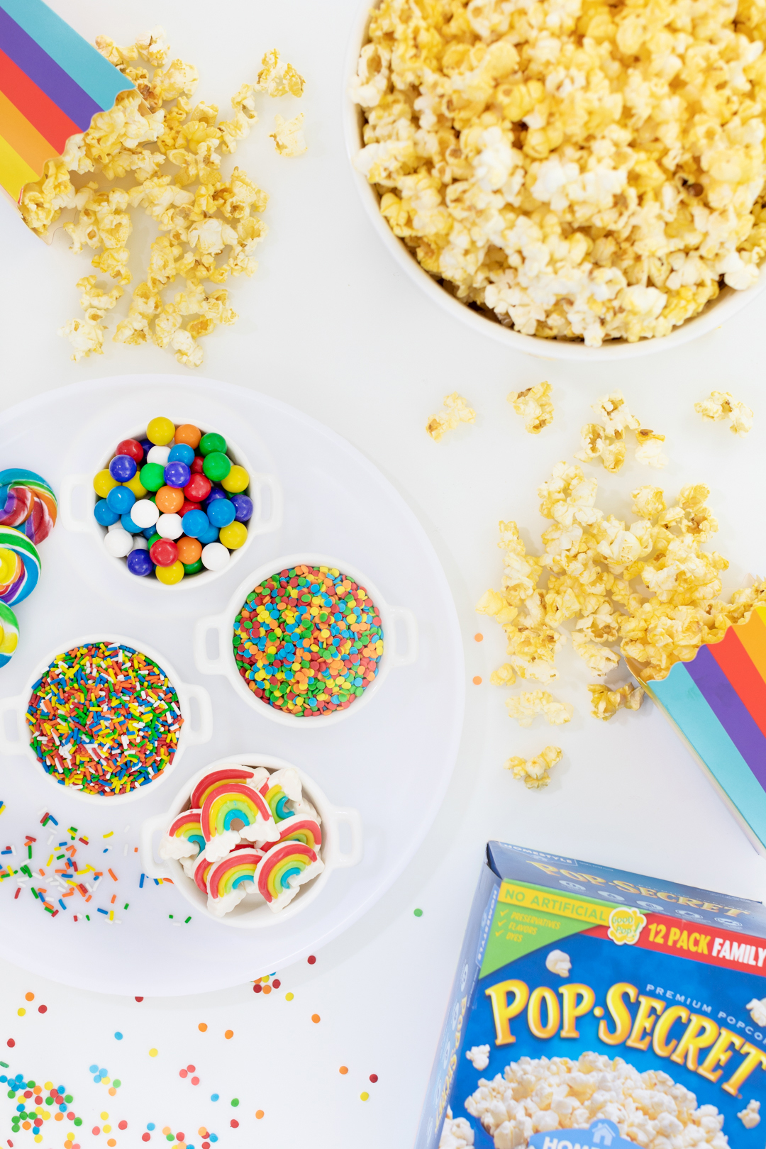 fun rainbow popcorn charcuterie board