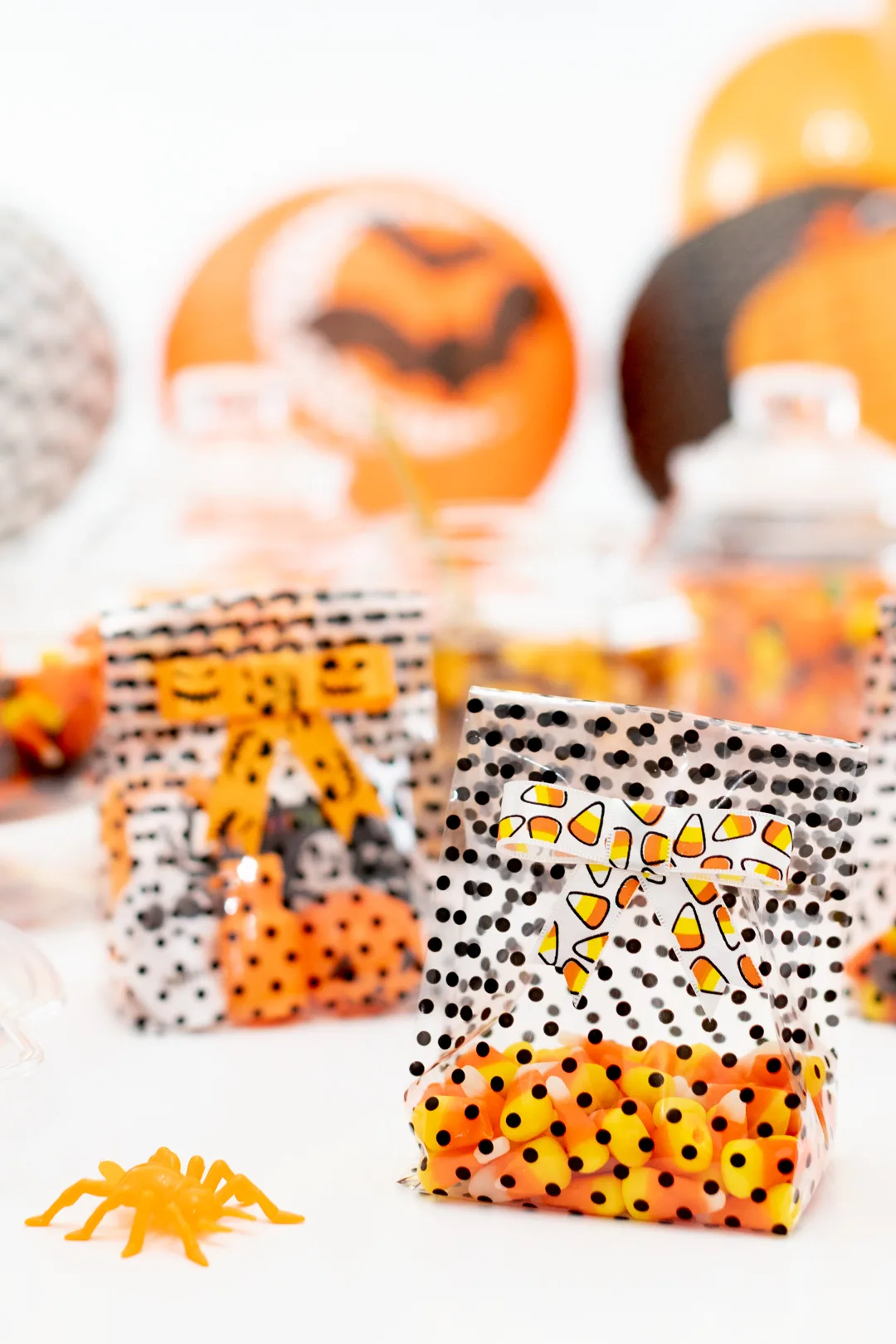 Halloween Treat Bags with DIY Ribbons tied on top.