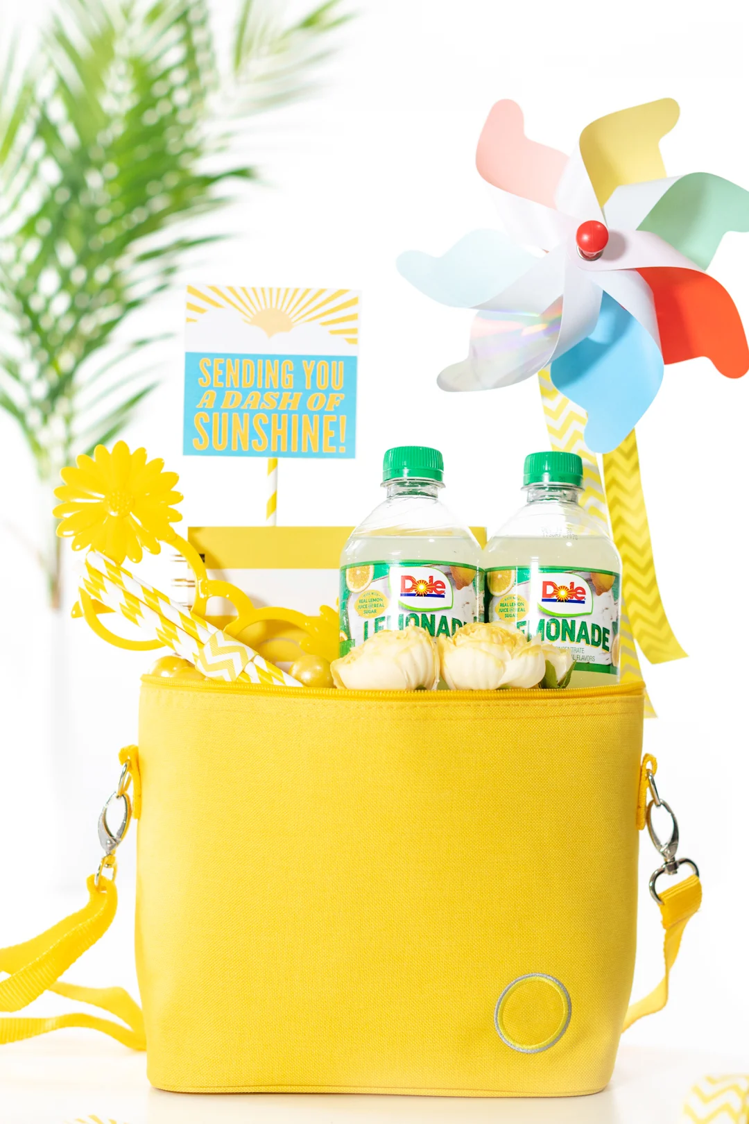 Fun sunshine mini cooler filled with cold drinks, novelty trinkets for a surprise delivery