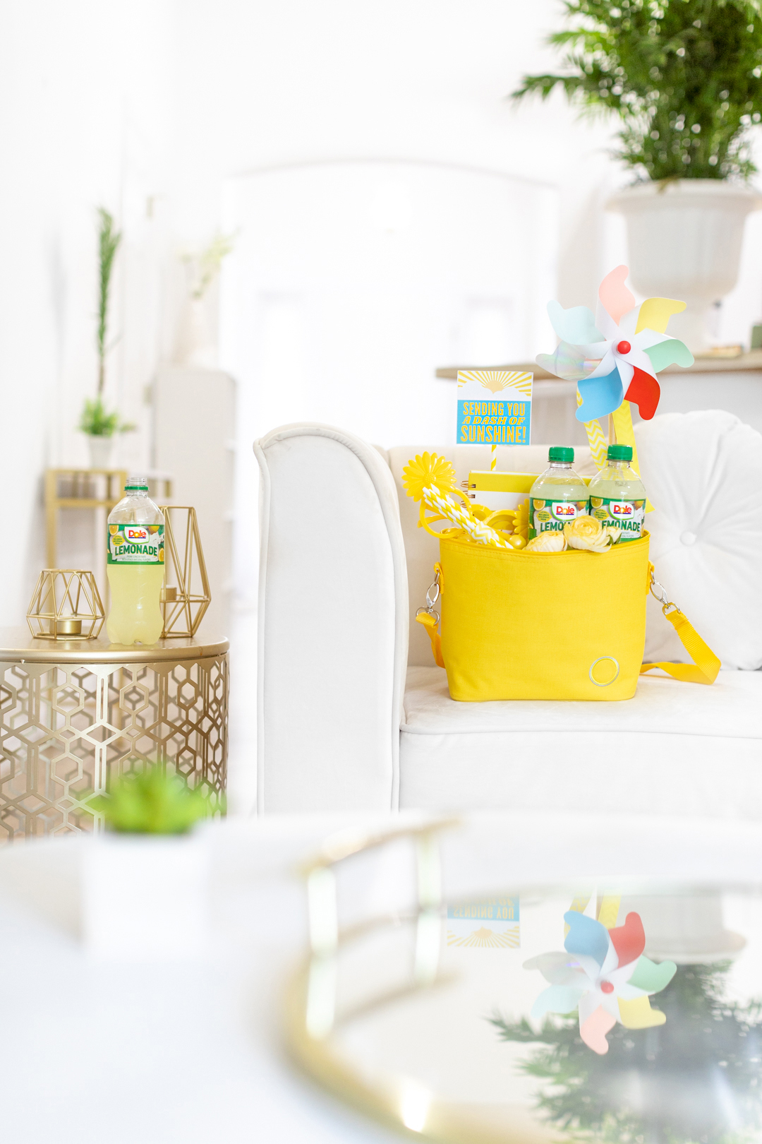 Living room setting with gift basket set on a chair