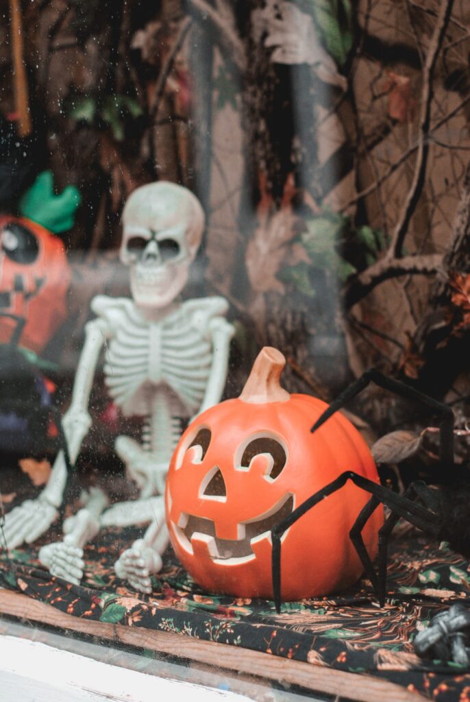 skeleton decoration and pumpkin jack o'lantern decoration for halloween