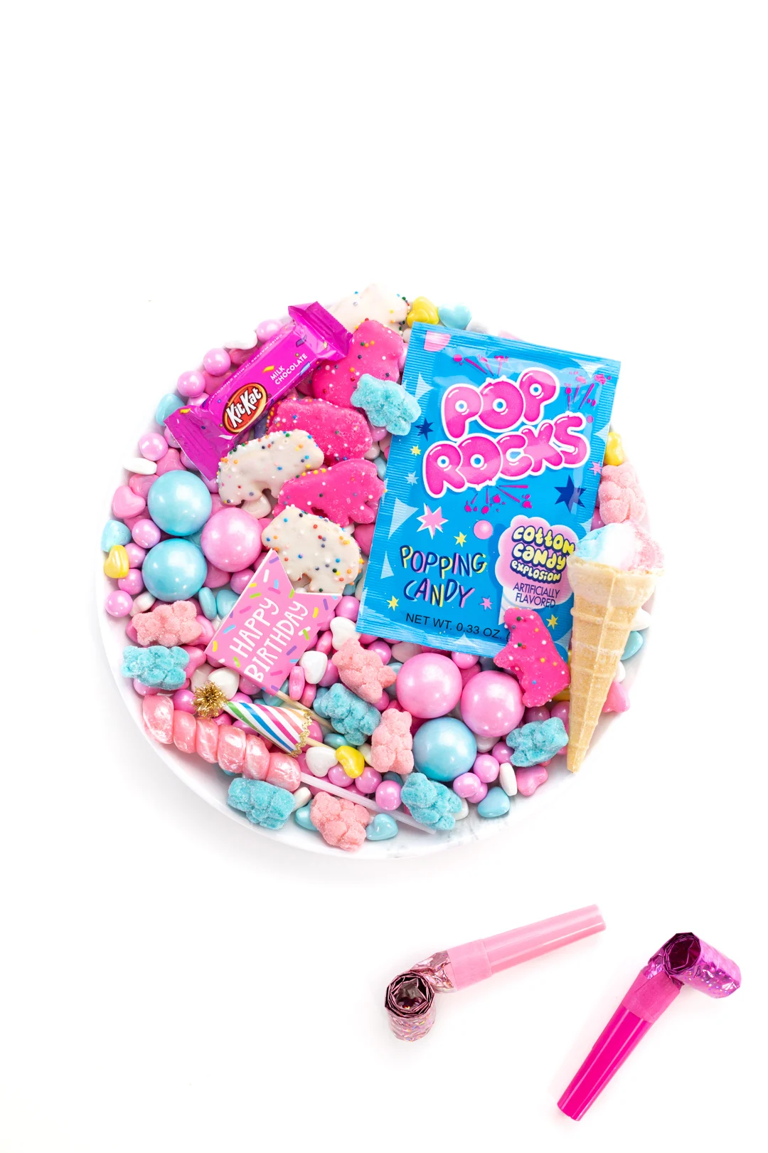 small candy board to celebrate birthdays with joy filled candy picks that are pink and blue.... classic birthday colors