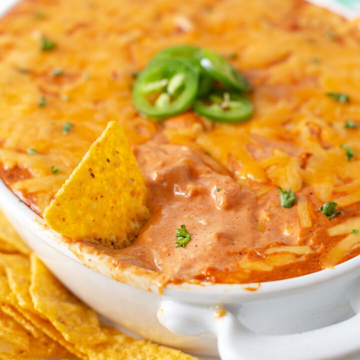 Delicious fiesta dip up close with sliced jalapenos and melty cheese