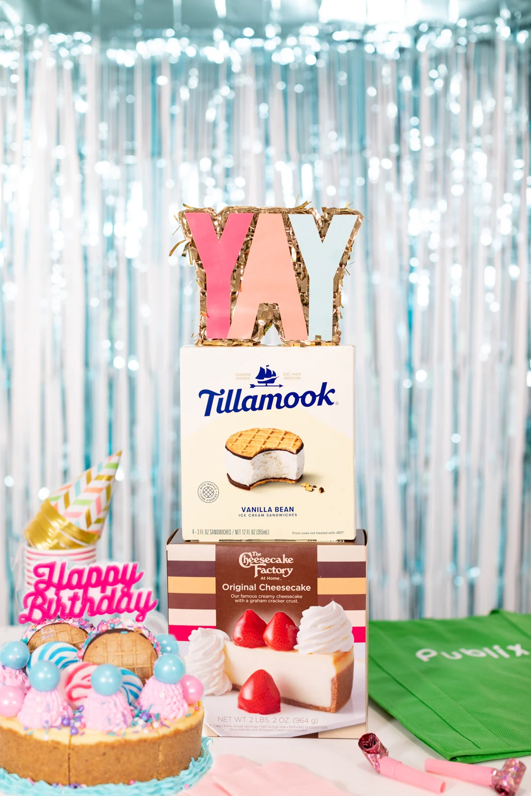Tillamook ice cream sandwiches and cheesecake factory cheesecake and party supplies