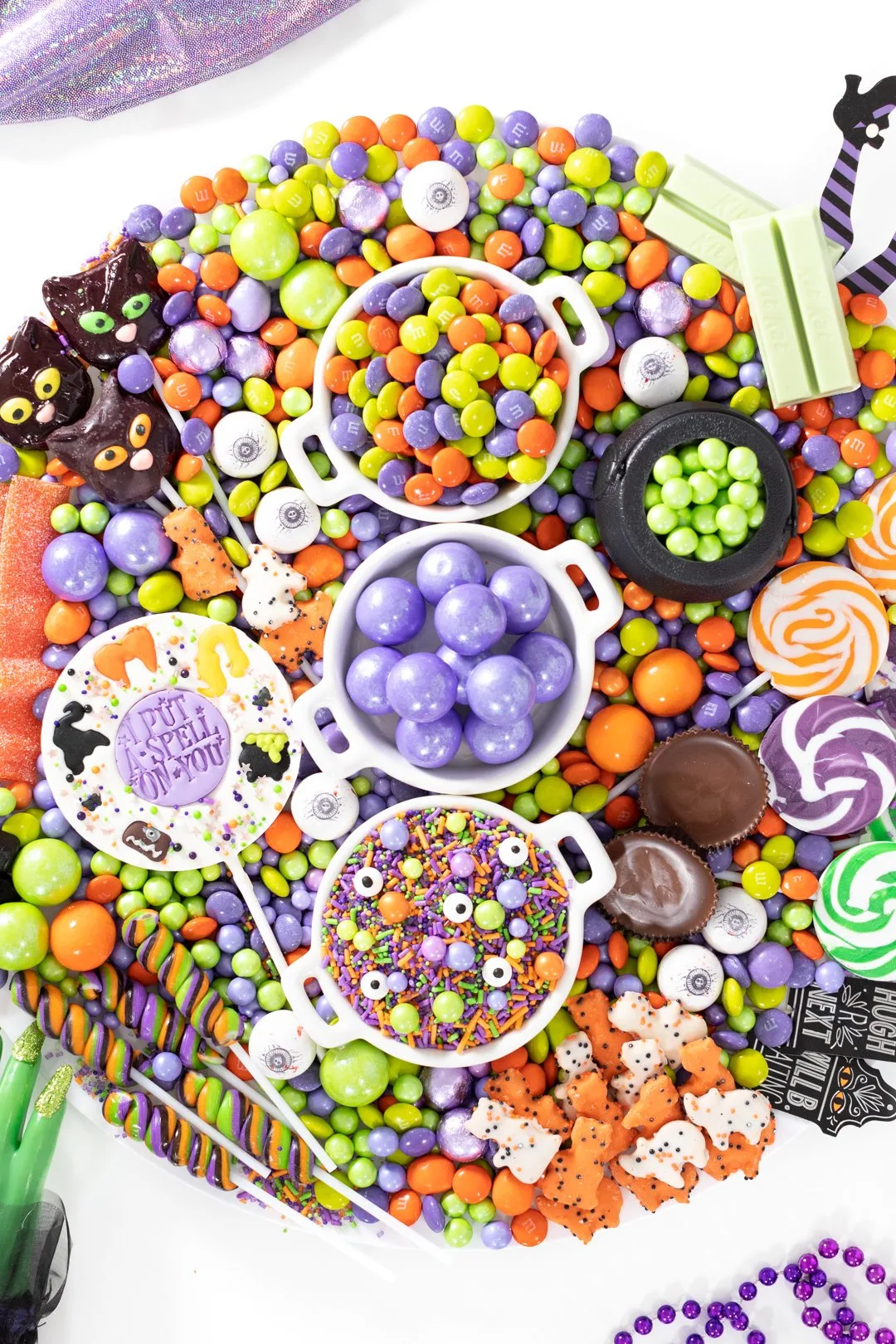 witch inspired candy with gumballs, halloween m&ms and swirl lollipops