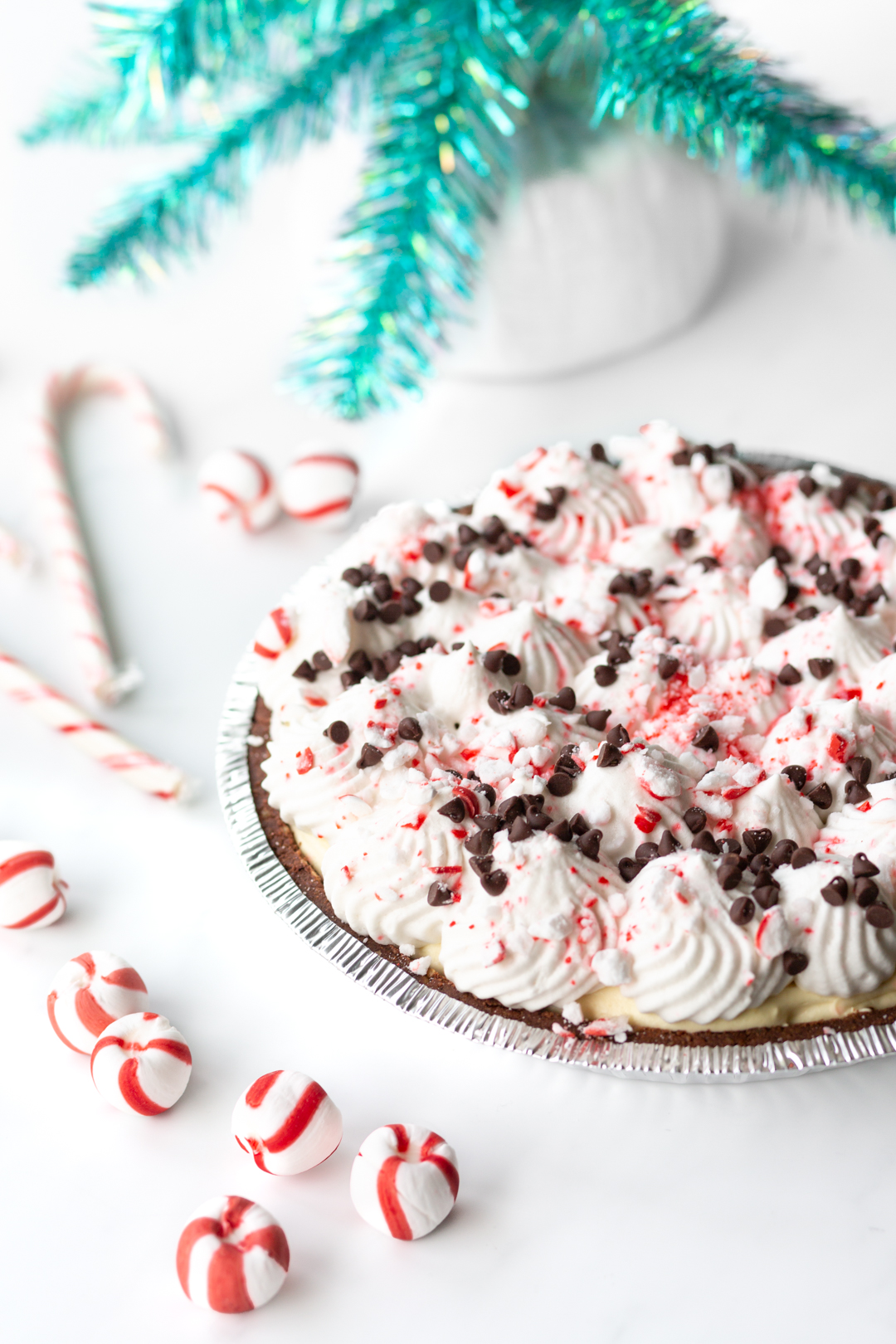 christmas pie with crushed peppermint and chocolate chips