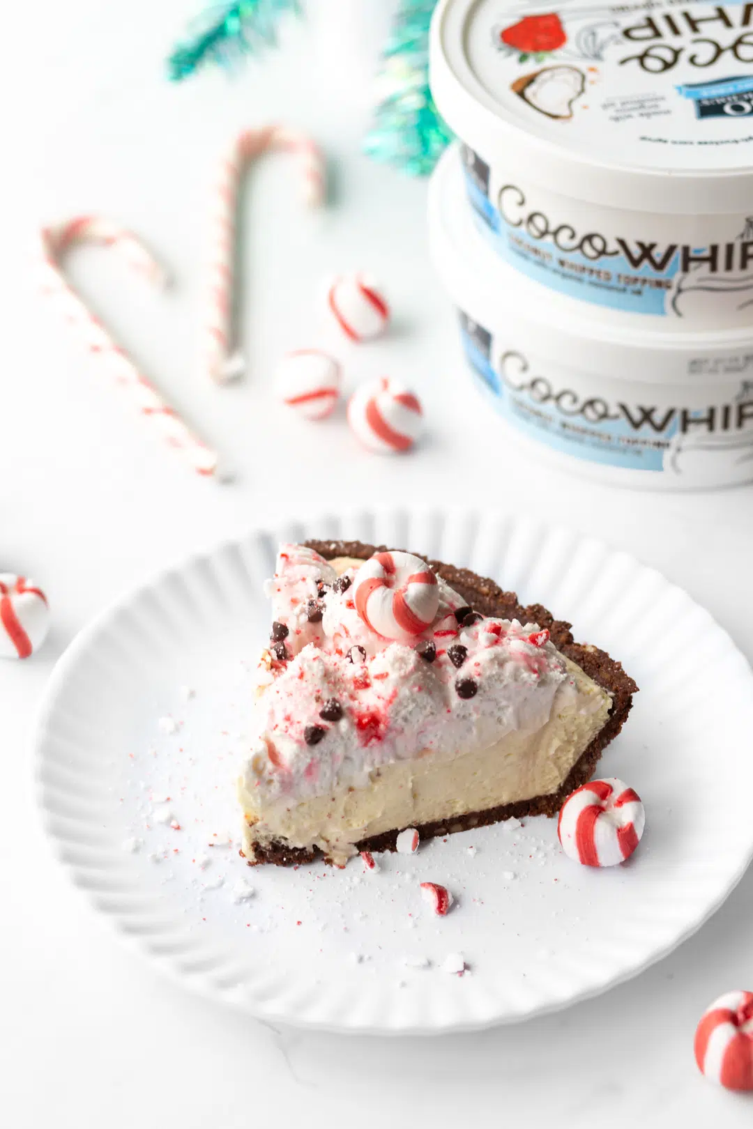 slice of holiday pie with peppermint and chocolate