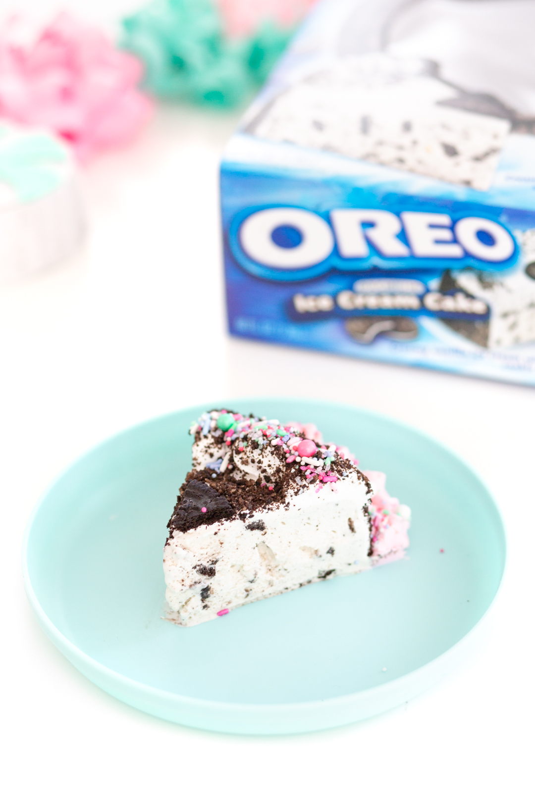 slice of ice cream cake with OREO on top