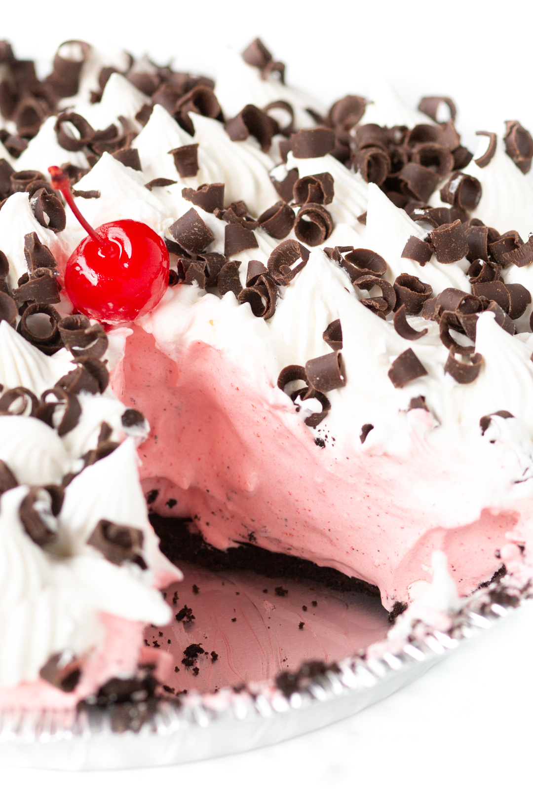 cherry and chocolate pie with slice missing