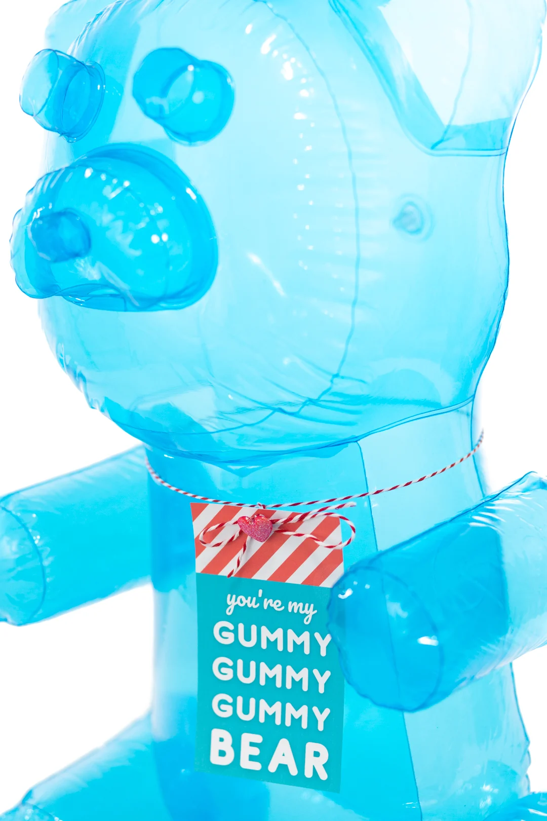 big blue inflatable gummy bear with printable gift tag for gifting