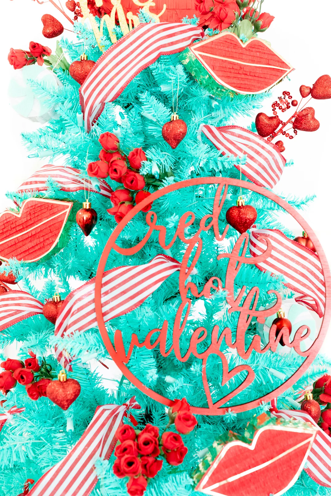 red hot valentine wooden sign used as tree ornament