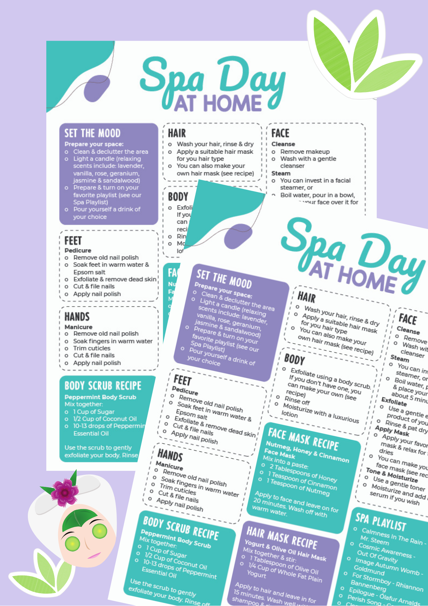 spa day checklist that is broken down into all categories.