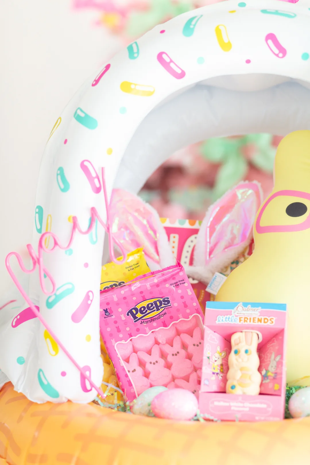 ice cream float easter basket loaded with pink and yellow goodies