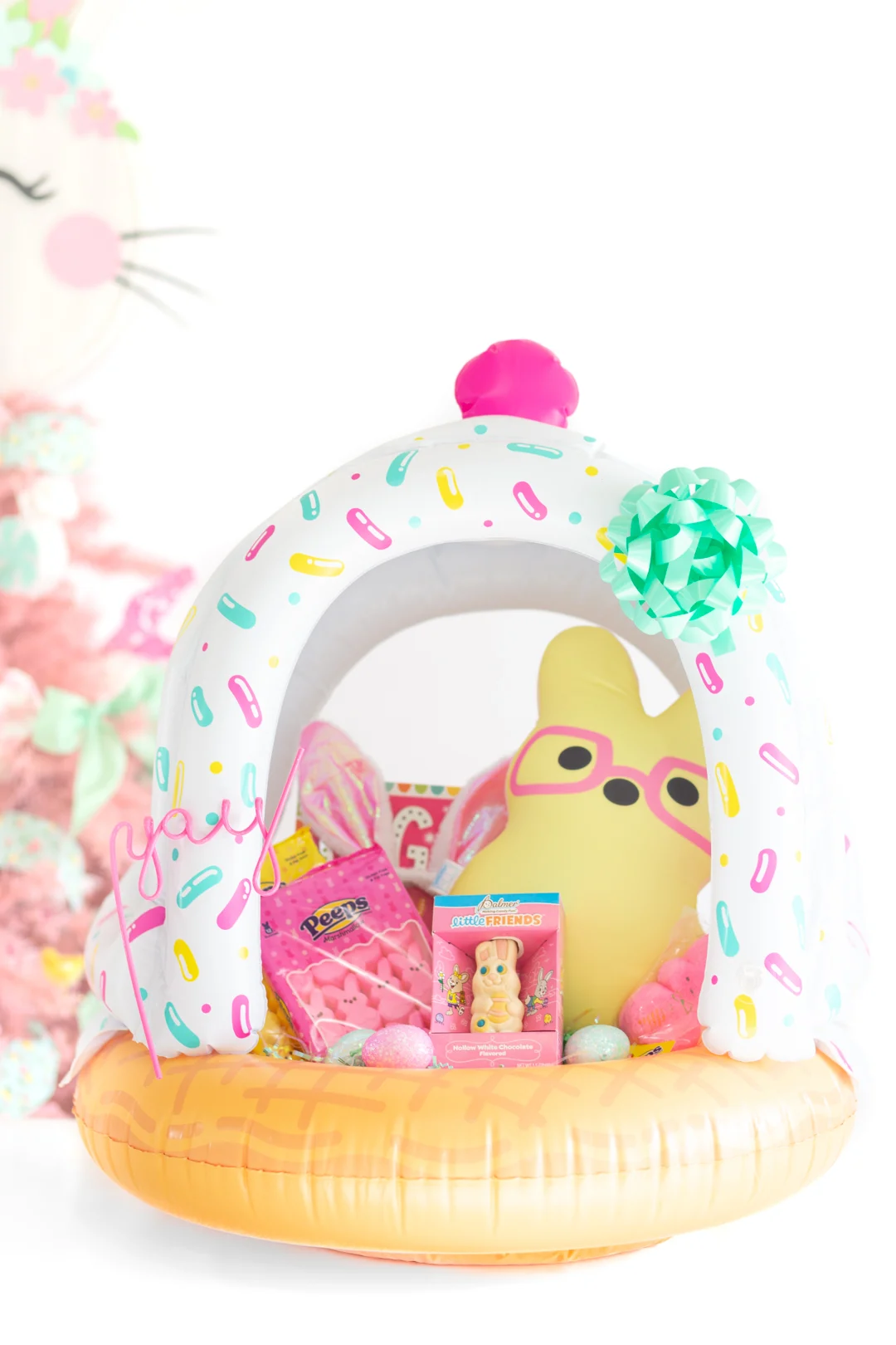 ice cream themed easter basket made with an ice cream cone float for infants