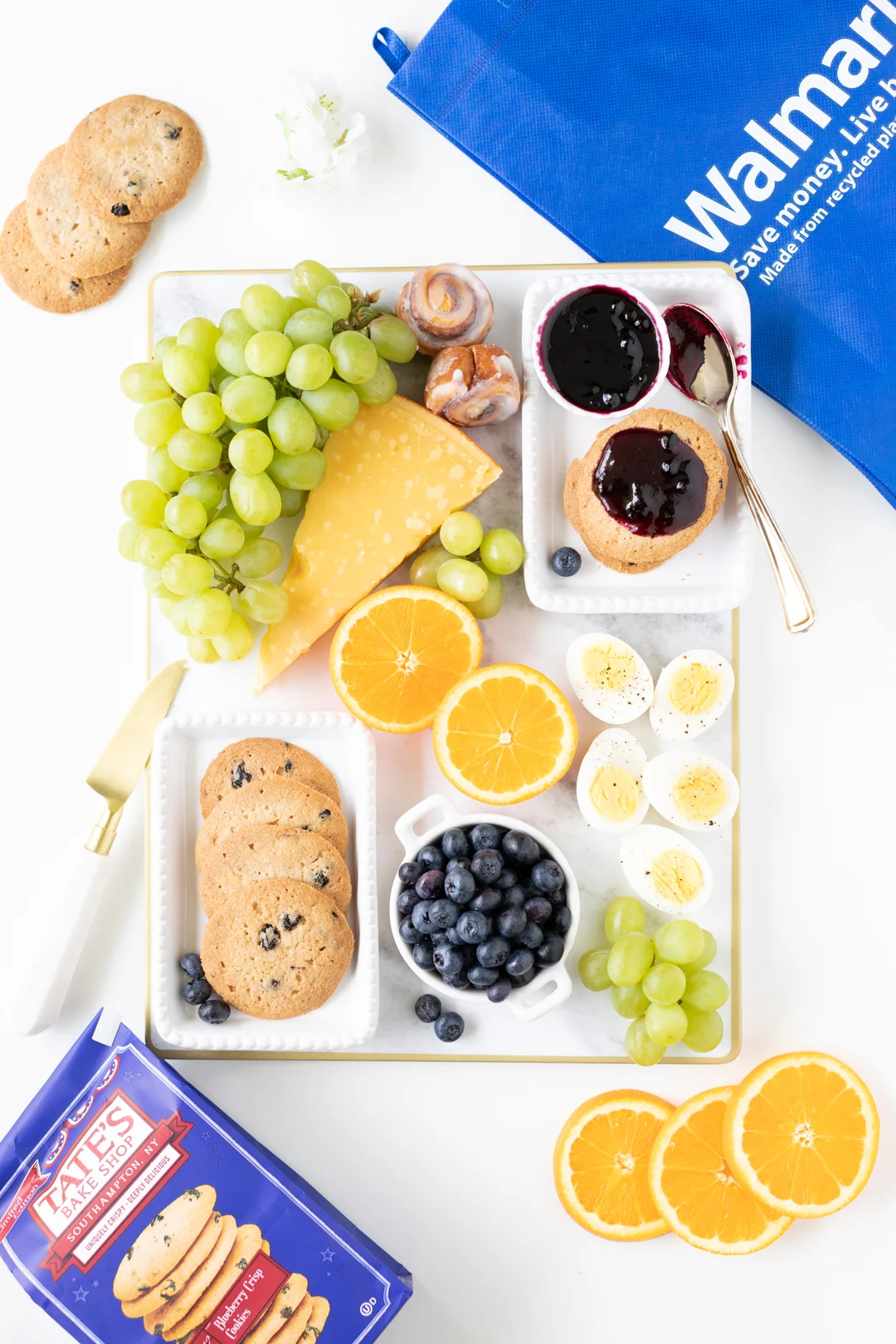 simple brunch tray on a rectangular tray with a walmart bag nearby