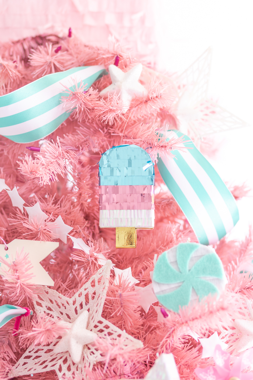 summer christmas tree with stars and stripes and mini popsicle pinata decorations