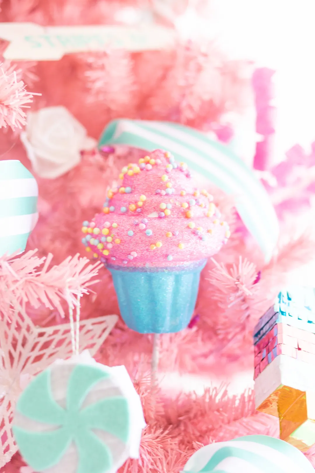 pink and blue cupcake ornaments
