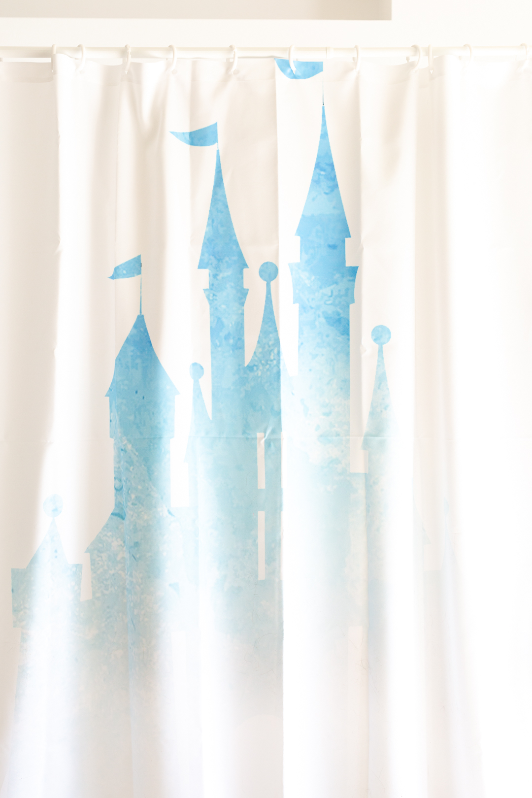 pretty disney castle magic kingdom Cinderella's castle shower curtain. all white with blue watercolor.