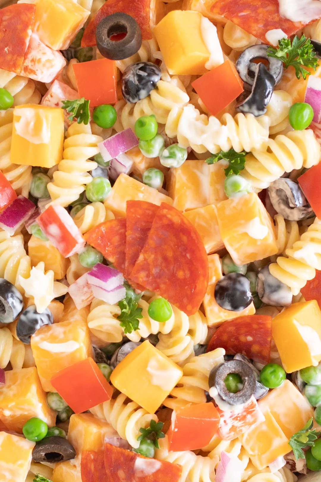 full photo filled with spiral pasta salad with pepperoni quarters, cheese cubes, parsley, black olives, red onions