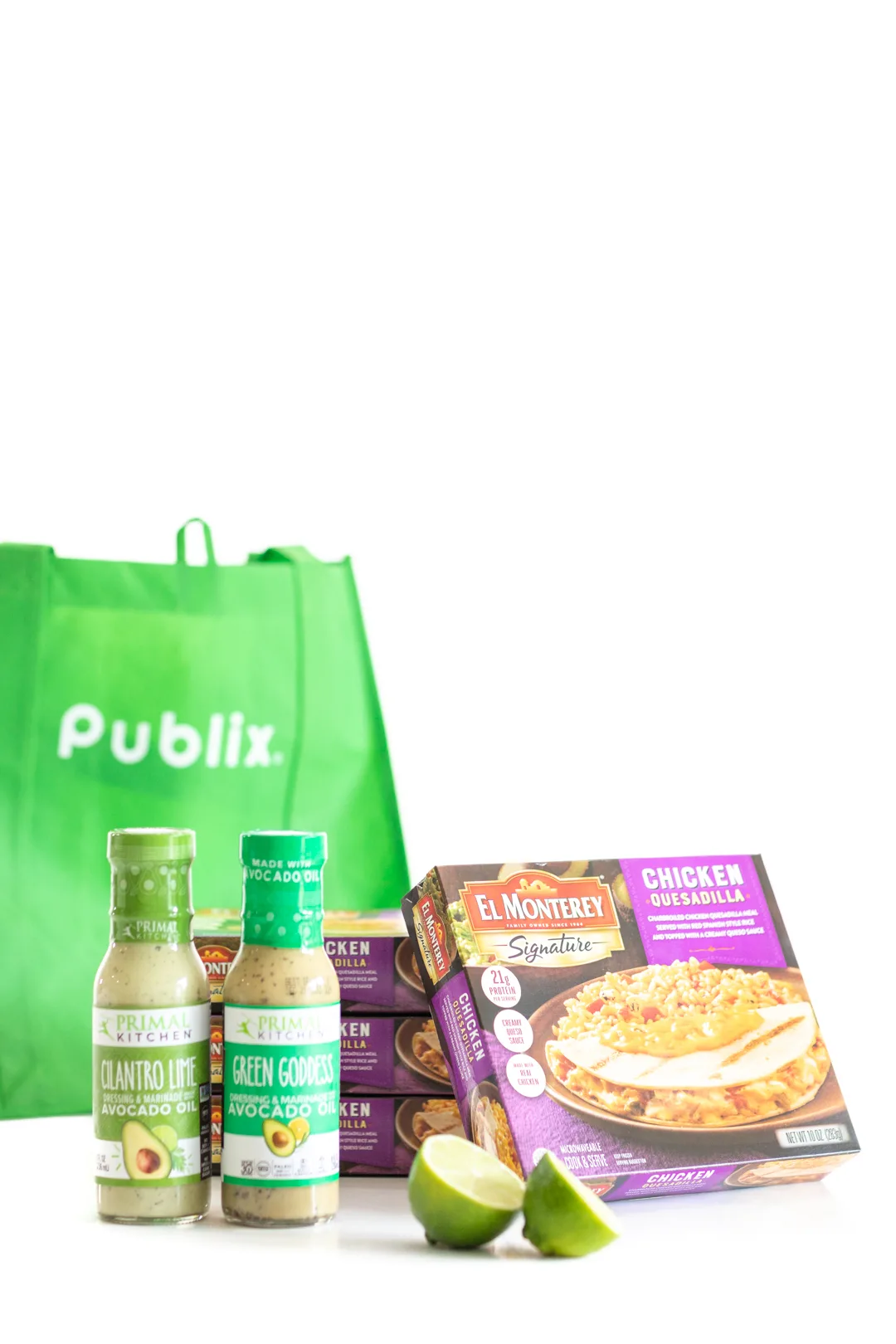 publix reusable shopping bag, Primal Kitchen salad dressings lime and cilantro and green goddess. El Monterey chicken quesadilla meals.