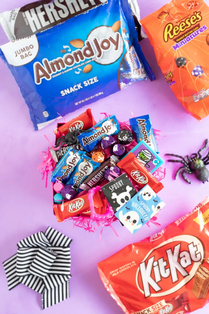 halloween gift box filled with variety of hershey treats and halloween favors