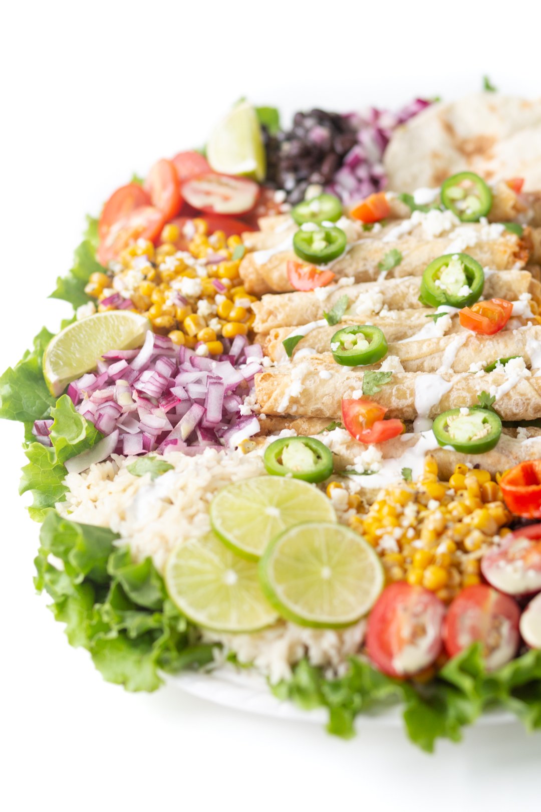 close up shot of a taquito platter with all the side dishes and toppings. rice, cilantro, red onion, corn, black beans on a bed of lettuce