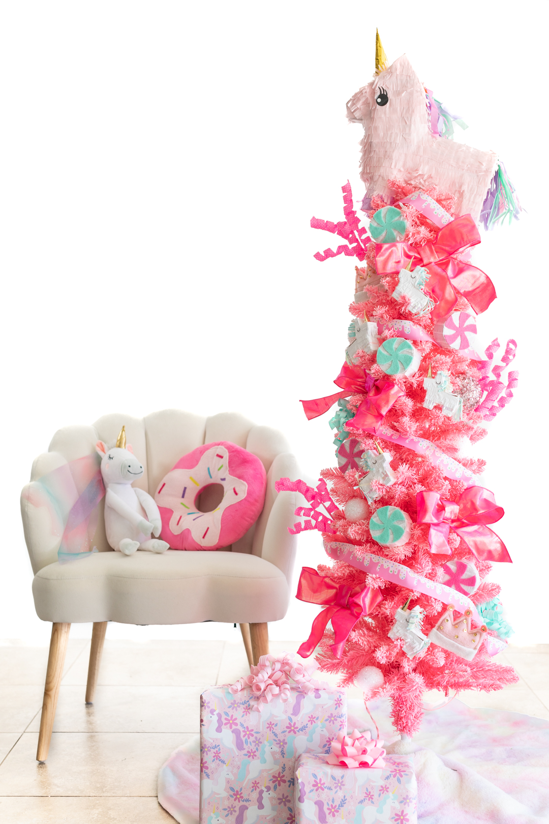 cute pink tree corner for girls bedroom. 4.5' pink pencil christmas tree