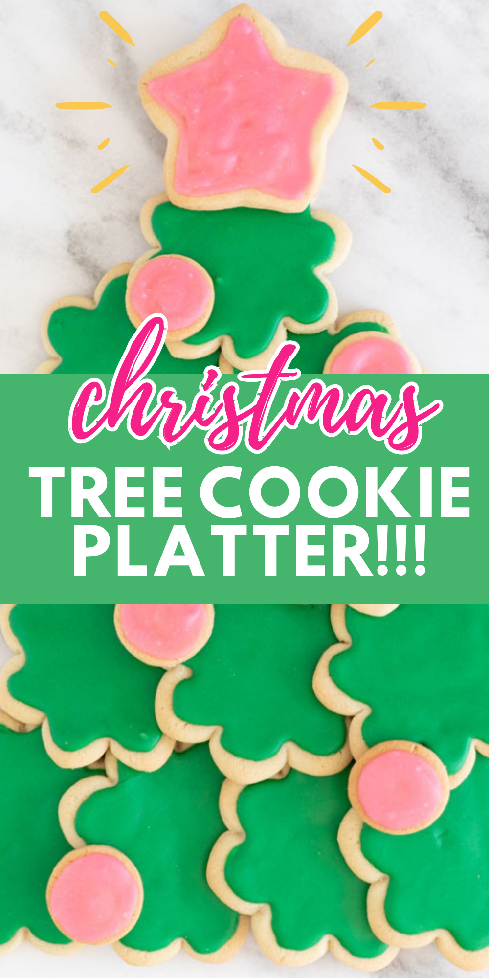 Festive Christmas Tree Cookie Platter made with one roll of store-bought cookie dough, a flower cookie cutter and icings.