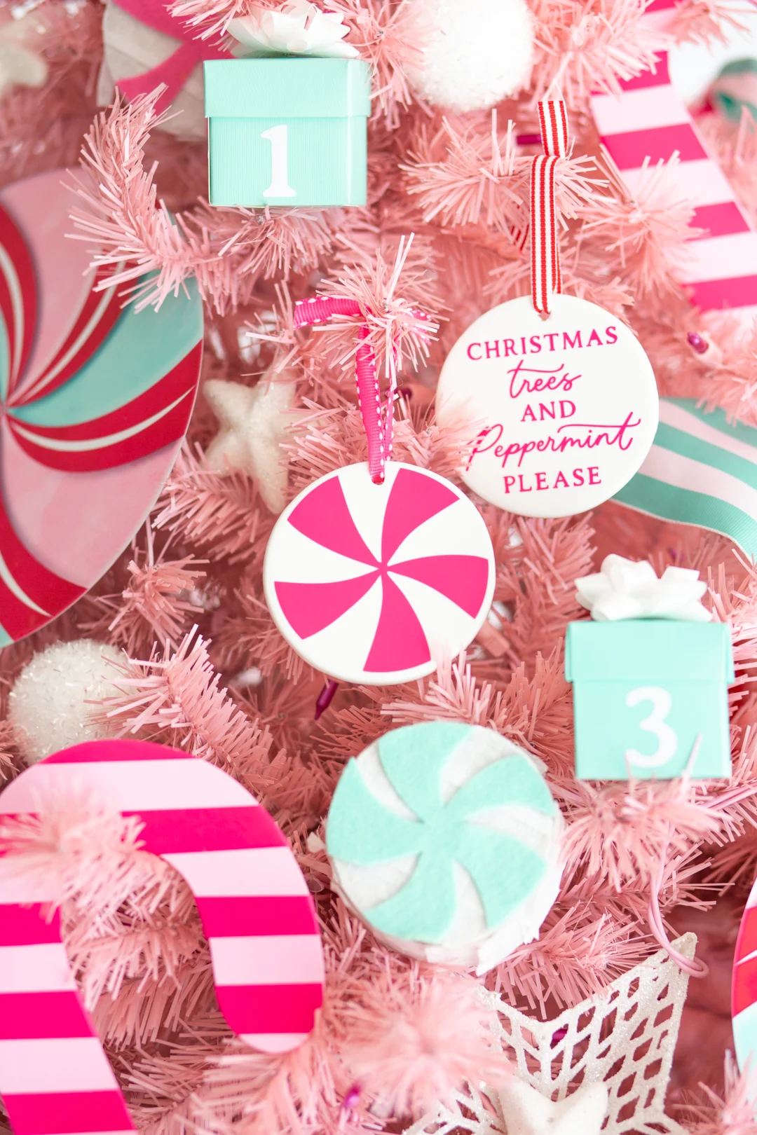 up close view of a diy pink peppermint ornament