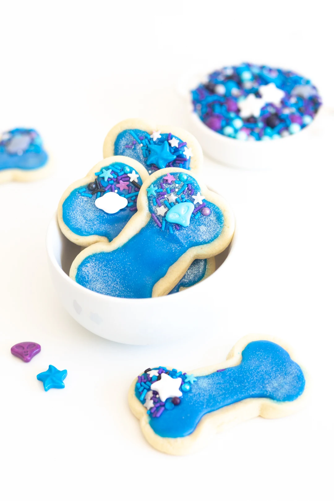 dish of cute galaxy themed dog bone cookies inspired by paw patrol