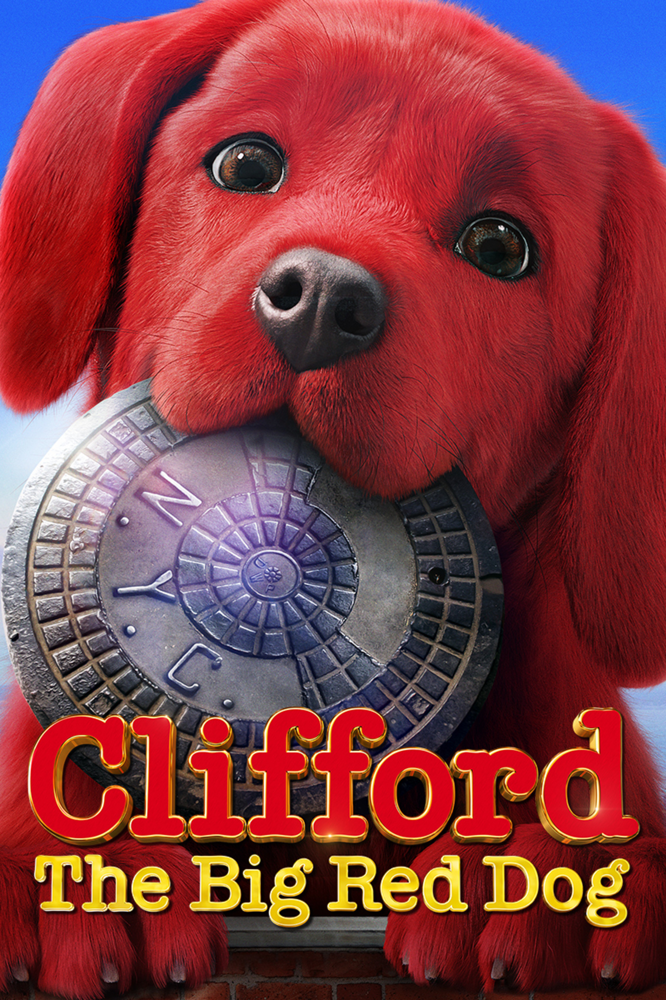 clifford the big red dog movie promotional image with clifford holding a nyc hubcap in his mouth