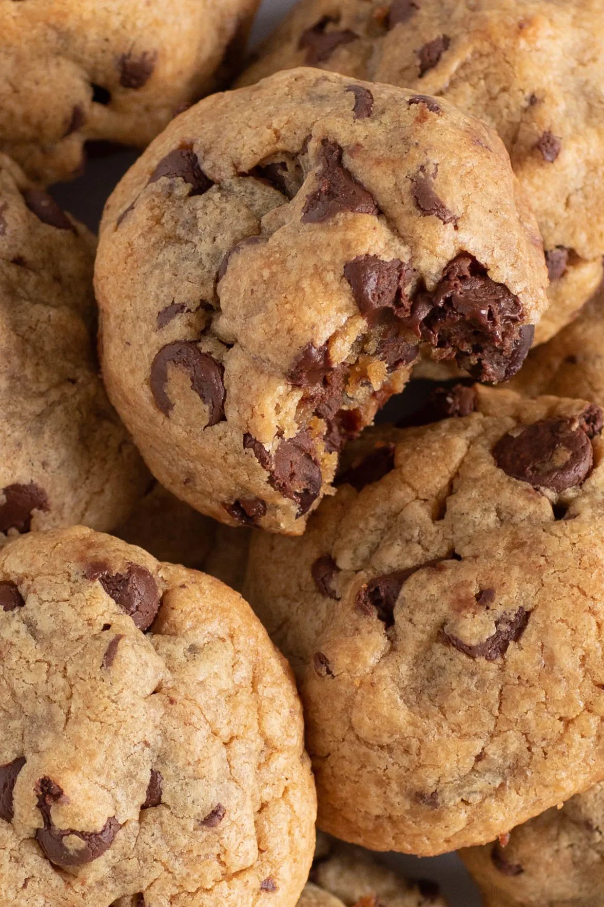 super thick and heavy chocolate chip cookies made with peanut butter loaded onto a plate. one cookie has a big bite taken out of it revealing loads of chocolate chips baked inside.
