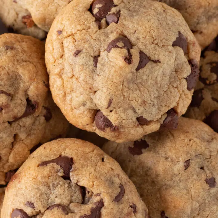 up close view of plate of thick 4 ingredient chocolate chip cookies