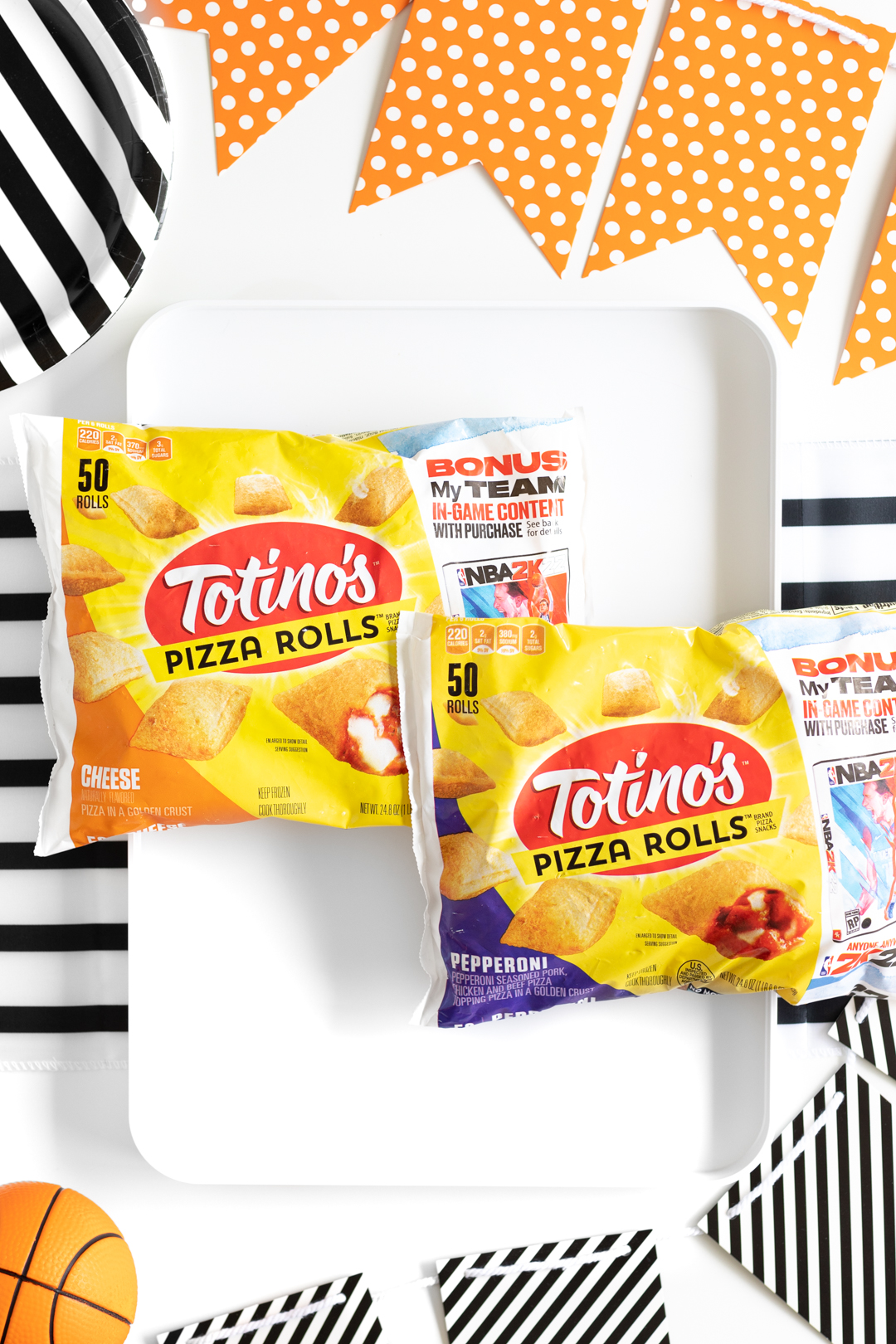 totinos pizza rolls packaging on a basketball themed party table