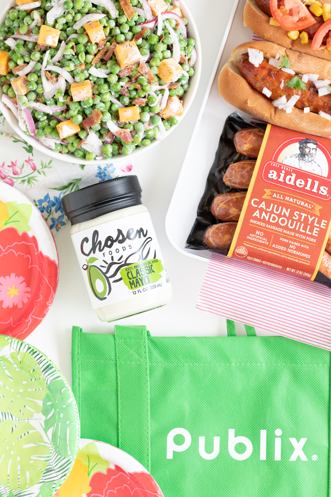 summer celebration ingredients shown along with reusable green publix shopping bag